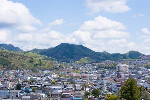 地方移住や田舎暮らしを連想させる風景。山と家々が調和した町並み